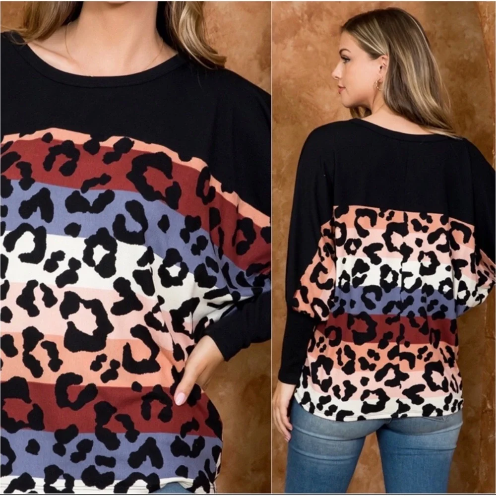 1 LEFT! Women's Cashmere Feel Leopard Printed Colorblock Stylish Fall Trendy Top - Picture 3 of 3